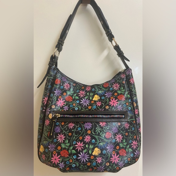 Dooney & Bourke Black Floral Botanical Hobo Shoulder Purse W/Rainbow Zippers EUC - Picture 5 of 16